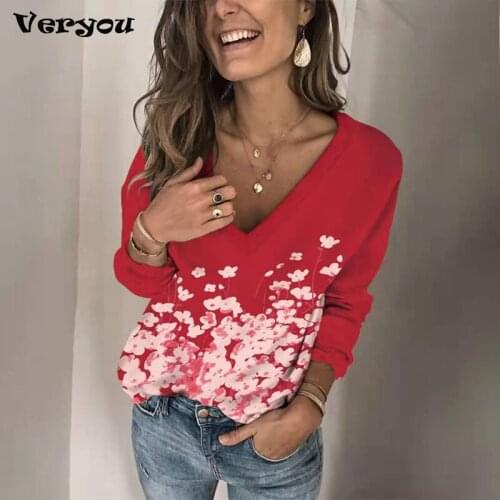 Autumn Winter Women Knitted Sweater Floral Printed Deep V Neck Pullover Loose Sweater Casual Fashion Plunging Lady Tops Blouse