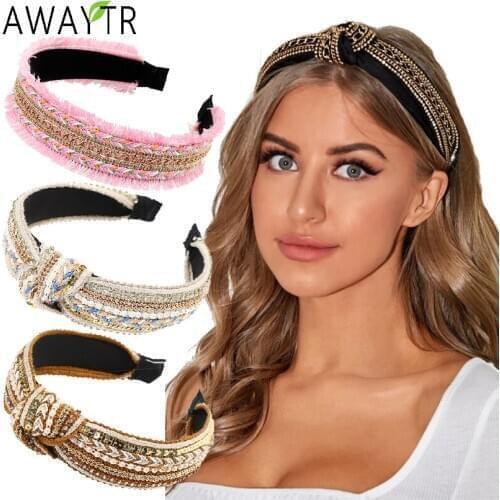 Sequins Crystal Pearl Knot Headband For Women Wide Bow Hairbands Bohemia Chain Hair Accessories Flower Hair Bands Hoop Headdress