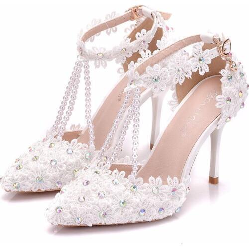 Women Pumps Extrem High Heels Women Shoes Lace Rhinestone Buckle Strap Pointed Toe Thin Heels 9CM Female Shoes Wedding Shoes