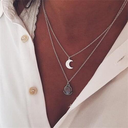 2 Pcs/Set Vintage Women Necklaces Moon Water Drop Gem Crystal Silver Color Chain Necklace Classic Pendant Long Necklace Set