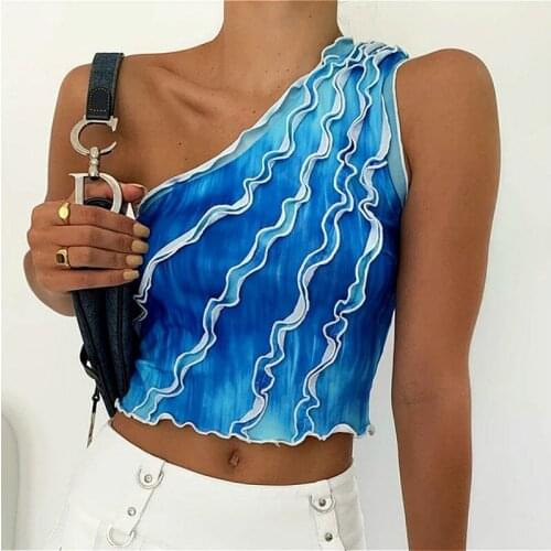 2021 Fashion Tie Dye Print Ruffle Tank Tops Women 2021 Summer One Shoulder Sleeveless Club Sexy Crop Top Elegant Shirts Female