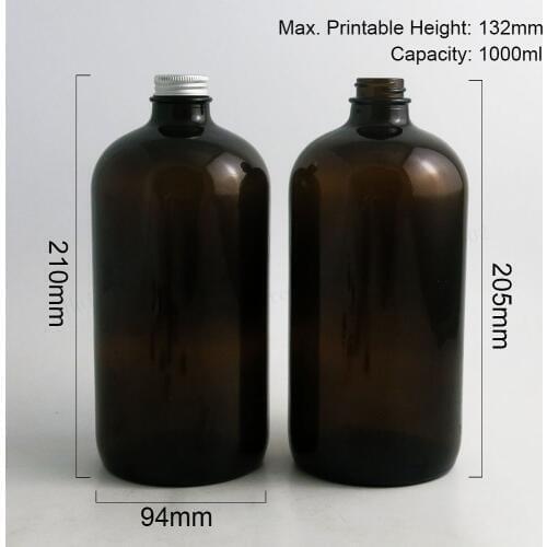 48 x 1000ml Large Refillable 33 Oz Amber Boston Round Glass Bottles with Silver Aluminum Cap 1000cc Glass Containers