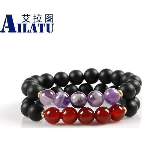 Ailatu New Arrival Couple Bracelets Made of 10mm Black Matte Onyx and Purple Crystal&Red Onyx for Lovers