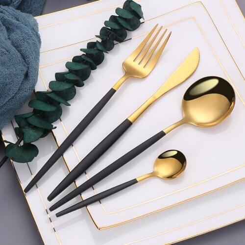 Black Gold Stainless Steel Cutlery Set Reusable Knife Christmas Dinnerware forks knives spoons Chopsticks Tableware Dropshipping