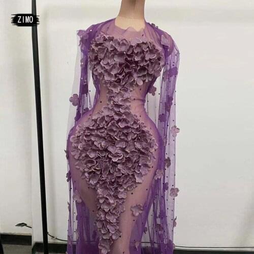 Purple Sexy Floral Mesh See-through Dress Women Shawl Trailing Fairy Singer Stage Show Birthday Celebration Crystal Party Dress