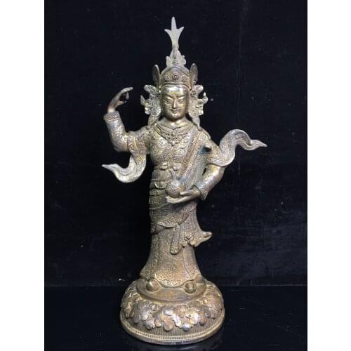 13"Chinese temple collection Old Bronze Cinnabar Lacquer Padmasambhava Tibetan Buddha Standing Buddha Ornaments Town House