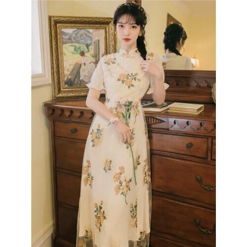 SWEETXUE Summer Chinese Style Retro Cheongsam Young Design Girl Long Mesh Embroidered Dress Women