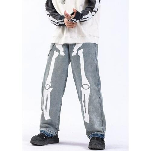 Men Skeleton Jeans Pants Denim Streetwear Hip Hop Cargo Pants High Wasit Harajuku Pants Overalls