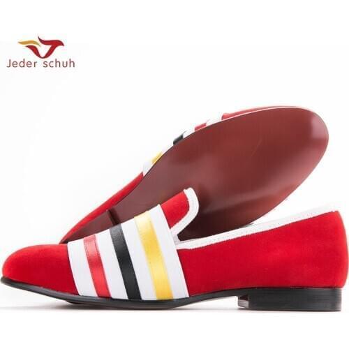 Men Loafers Red Shoe Upper Bandage Design, Three Kinds Of Color Stripe Men Smoking Slipper Flats Men Banquet Shoes