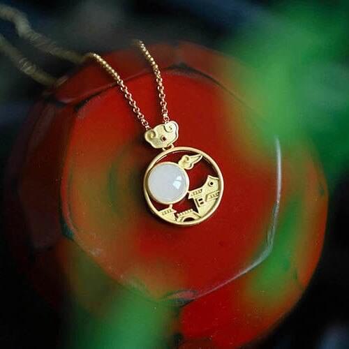 Natural White Jade White Jade Pendant Alluvial Gold round Jade Moon Palace Necklace Classical Ancient Painting to Give Mom Gift