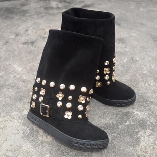 Newest Woman Black Suede Flower Crystal Rivets Studs Mid-calf Boots Fold Slip On Round Toe 8 cm Hidden Wedge Short Boots Shoes
