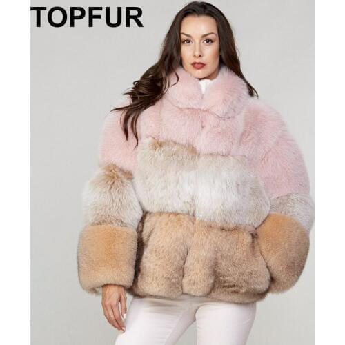 TOPFUR Fashion Colourful Coats Winter Real Fur Coat Women Natural Fox Fur Coats Bule Fox Fur Pink V-Neck Full Sleeves Coats