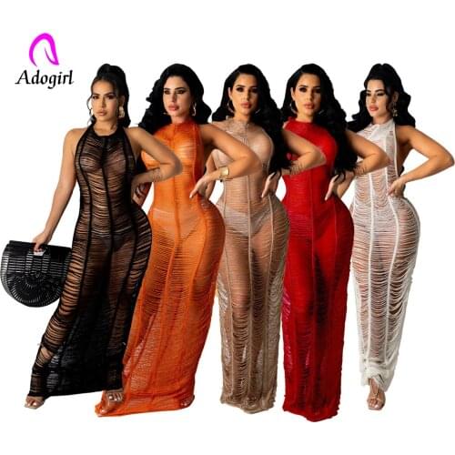 Beach Crochet Dress Solid Women Summer Bikini Cover-ups Sexy Halter Backless Sleeveless Hollow Out Bodycon Crocheted Beach Dress