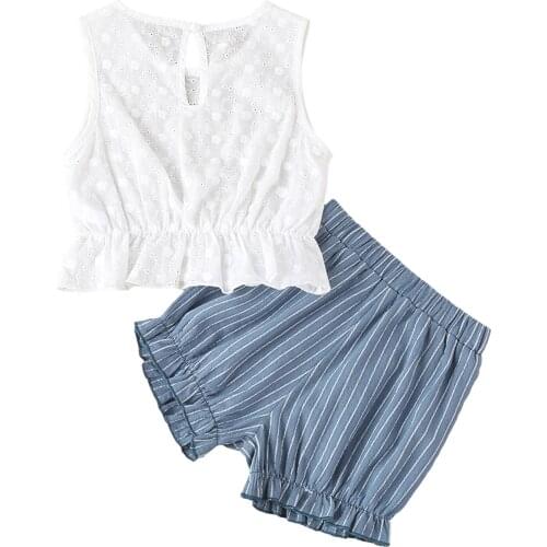New Girls Casual Two-piece Clothes Set, White Solid Color Round Collar Sleeveless Tops and Blue Shorts