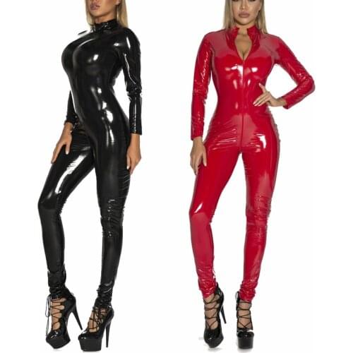 S-5XL Patent Leather Sexy Lingerie Women PU Leather Erotic Bodysuit Zipper Over The Crotch Nightclub One-piece Jumpsuit Overalls