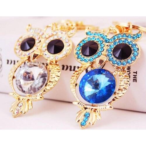 Big Blue Crystal 3D Owl Keychains Rhinestones Enamel Glazing Key Chain Ring Car Women Bag Holder High Quality