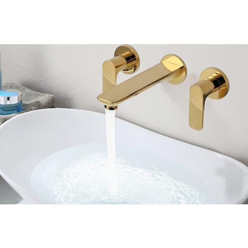 SEKOVA Dual Holder Single Hole Wall Mounted Basin Faucet Bathroom Sink Faucet Water Mixer Tap Gold Brass Tapware
