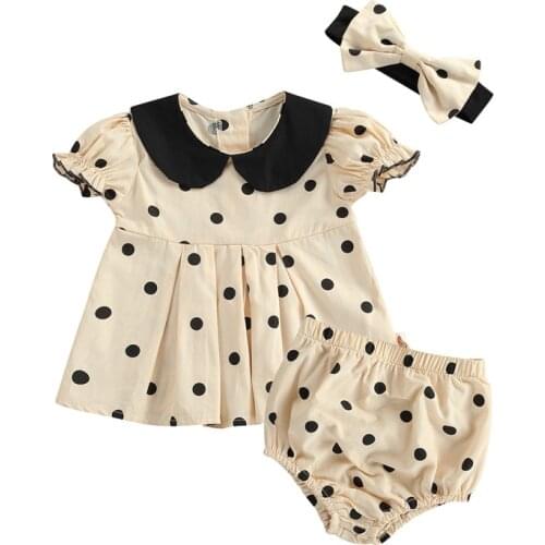 3Pcs Baby Summer Clothing Tracksuit Polka Dot Peter Pan Collar Blouse + Pantie + Bowknot Hairband for Toddler Girls 0-24 Months