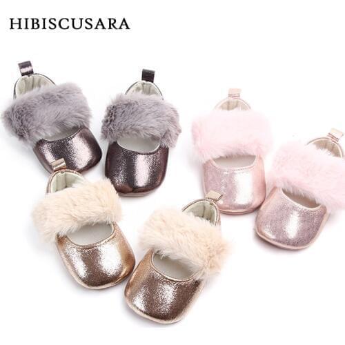 Faux Fur Baby Girls Mary Jane Shoes for Dress Holiday Wedding Infant Shiny PU Leather First Walkers Non-slip Prewalkers