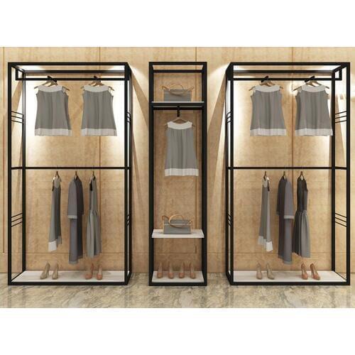 Iron solid wood double-layer Textile Gondola clothing store rack display rack floor-to-floor combination front side rack womens