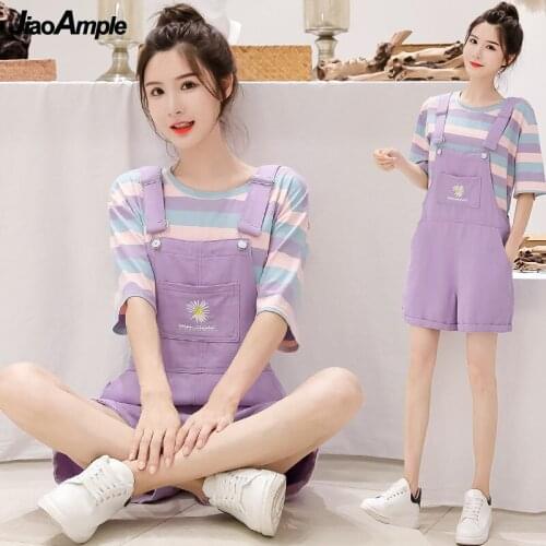 Women Denim Overalls T-Shirt Sets Girls Student Summer Leisure Stripe Short Sleeve Clothing Set Lady Embroidery Daisy Pants 2021