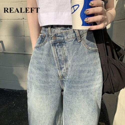 REALEFT Spring Summer 2021 New High Waist Loose Jeans For Women Casual Straight Pants Irregular Chic Jeans Retro Washed Jeans