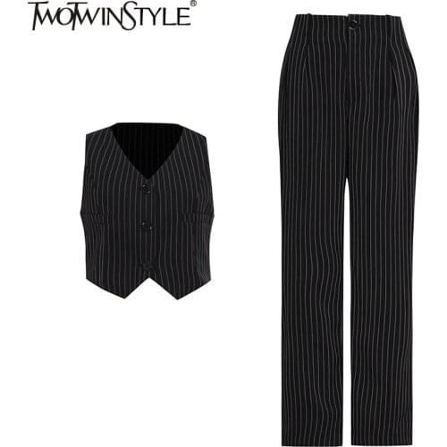 TWOTWINSTYLE Casual Striped Trouser Suits Female V Neck Sleeveless Short Top High Waist Wide Leg Pants Loose Womens Suit Summer