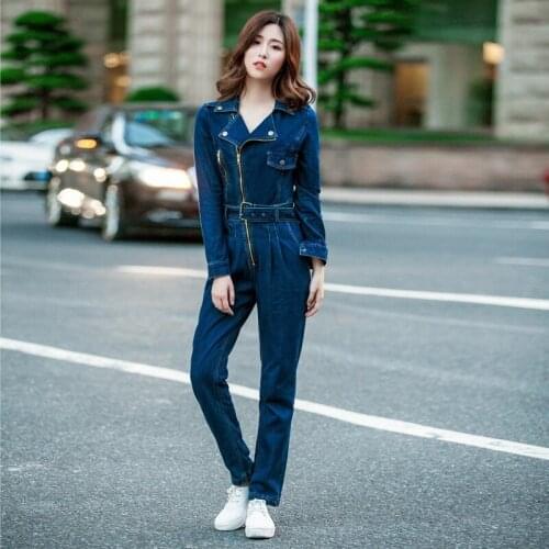Autumn Fashion Denim Jumpsuit Women High Waist Zippers Denim Overalls Playsuits Female Long Sleeve Lapel Jeans Rompers Blue
