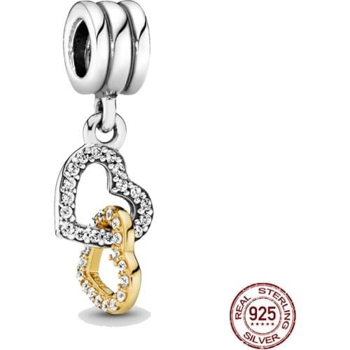 925 Sterling Silver Two-Tone Interlocking Hearts Dangle Charm Fit Original Pandora Charms Bracelet Silver 925 Jewelry Valentine