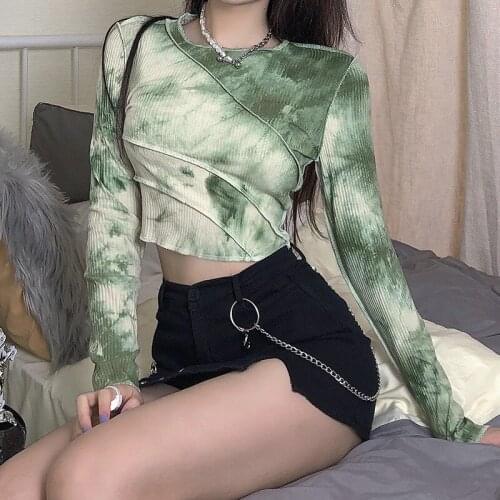 2021 Women Tie Dye Cropped Top Long Sleeve Tops Print T-Shirts Round Neck Casual Tees Party Autumn Clothes