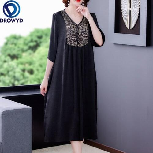 2021 Black Loose Casual Mulberry Silk Midi Dress Summer Vintage Solid Short Sleeve Chiffon Dress Elegant Bodycon Party Vestidos
