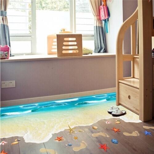 3D Summer Cool Sandy Beach Floor Wall Stickers Shell Foot Diy Sticker For Livingroom Bathroom Kitchen Indoor Non-Slip Poster