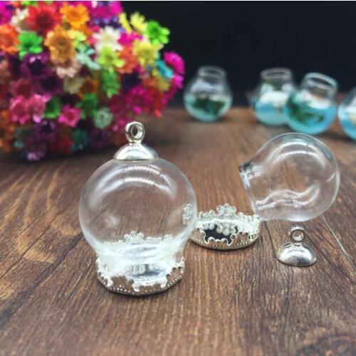 5sets silver color 20mm Dia. glass globe crown tray cap set wishing vial pendant hollow 15mm mouth open necklace pendant