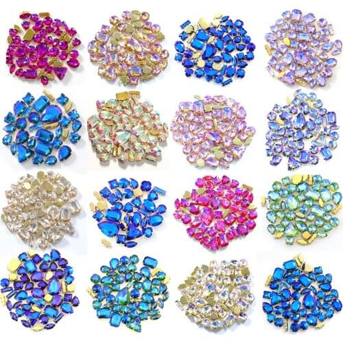 50pcs Mix Shaped Crystal AB Sew On Rhinestones With Claw Colorful Gold Metal Base Sewing Stones for Garments Jewellery B1138