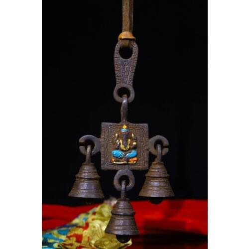 7"Tibet temple Bronze Tracing Wind chimes Elephant Trunk God of Wealth Statue Rattle Bells Buddhist instruments Town House