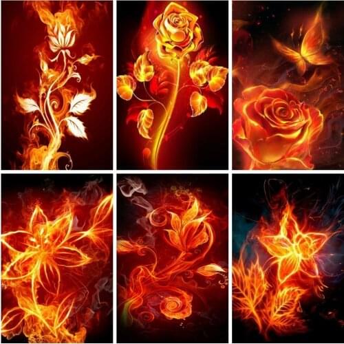 Huacan Full Diamond Embroidery Rose Flame 5D Diamond Painting Flower Mosaic Cross Stitch Set Needlework Bedroom Decoration