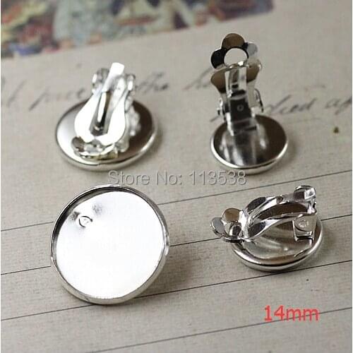 Free shipping 100pcs 14mm Silver plated Flat Pad Clip On Earring Findings/Round Cabochon Settings Earring Clips earrings