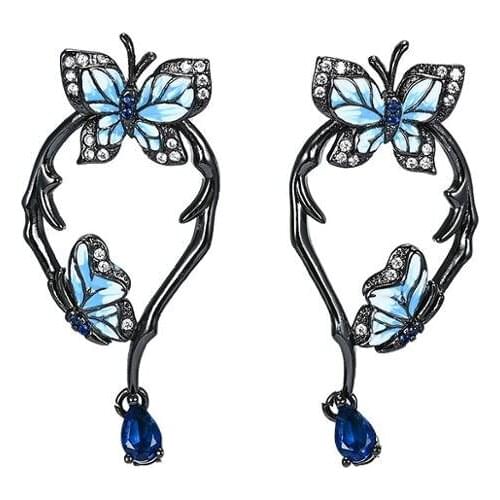 Bohemia Jewelry Delicate Animal Butterfly Drop Earrings for Women Blue Zircon Black Gold Filled Earrings