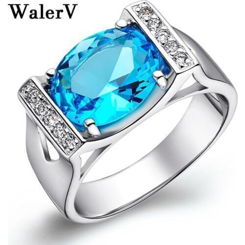 WalerV Brand Top Quality Ring Set Blue Rhine Stone Crystal Finger Zircon Rings Elegant Jewelry CZ Austrian For Women