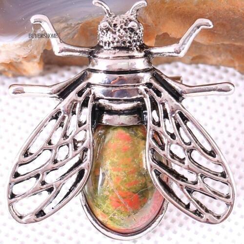 Cicada Brooch Natural Stone Unakite Epidote CAB Cabochon Bead Pendant for Men Women DIY Jewelry Making 1Pcs K629