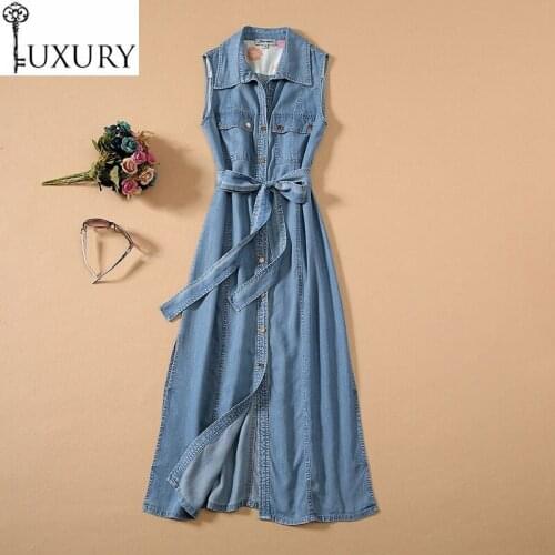 Long High Quality Denim 2020 Summer Casual Women Turn-down Collar Chest Pocket Deco Split Sexy Sleeveless Blue Jeans Dress