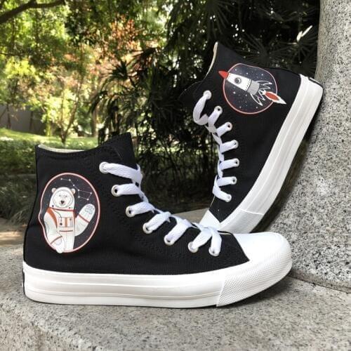 Wen Sneakers Original Design Starry Space Rocket Bear Spaceman Athletic High Top Shoes Black Canvas White Shoes for Boys Girls