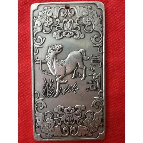 Chinese Old 12 Zodiac - Horse tibet Silver Bullion thanka amulet 136g