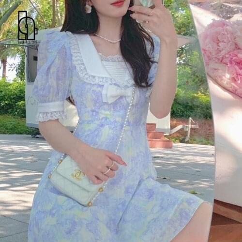 Kawaii Elegant Floral Dresses Women 2021 Lace Sweet Casual Korean Vintage Clothing Print Bohemian Beach Party Mini Dress Summer