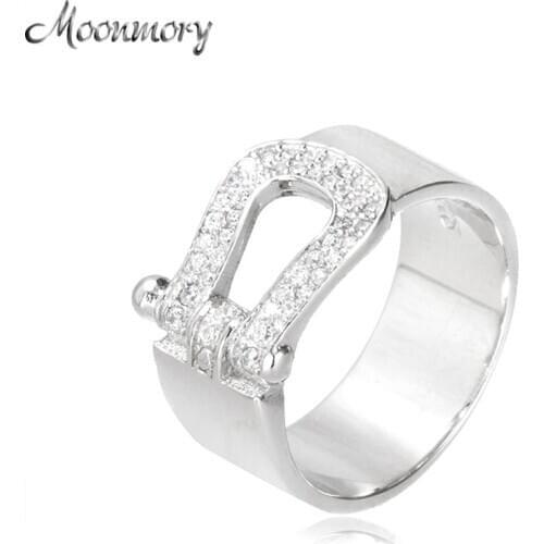 Moonmory Belt Fastener Buckle Shape Ring 100% Real 925 Sterling Silver Ring With Clear Zircon For Woman Sterling Silver Jewelry