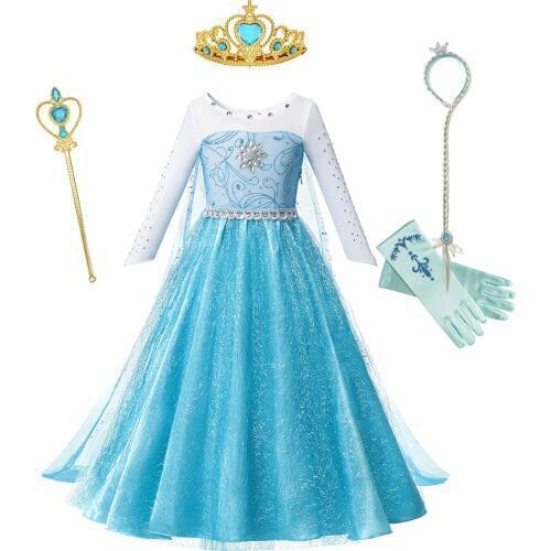 Queen Elsa Dress for Girls Princess Party Fancy Elza Costume Long Sleeve Crystal Halloween Carnival Frozem Elsa Cosplay Clothing