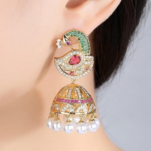 Zlxgirl Luxury brand pearl Mirco Paved zircon peacock Wedding Earrings fashion Indian And Dubai gold stud earrings