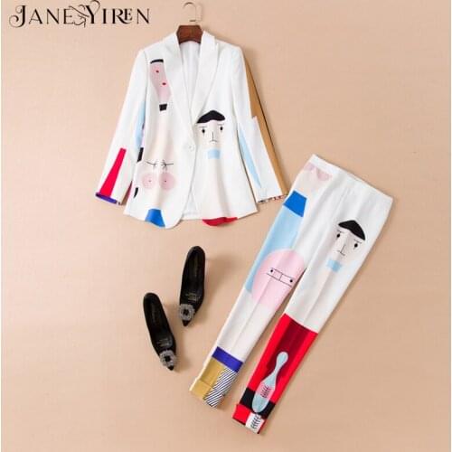Janeyiren Spring Designer Set Suit Womens Top Quality Long Sleeve Cute Colorful Cartoon Printed Blazer Top + Pant Suit Twinset