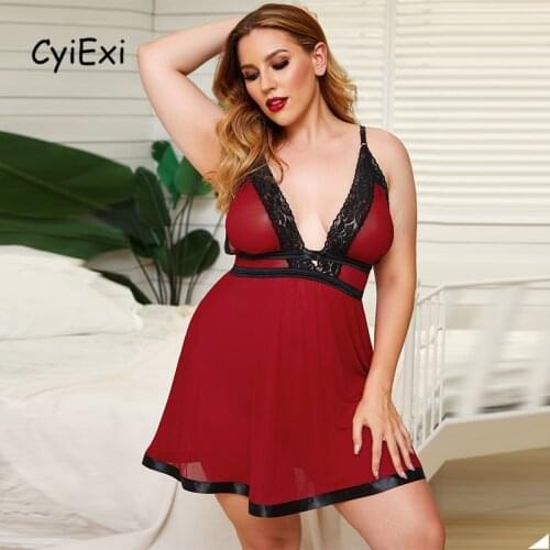 CyiExi Plus Size Lace Nightgown Sexy Women Deep V-neck Babydoll Dress + Thong 2 Piece Sets Female Sleepwear Sexy Mesh Nightdress