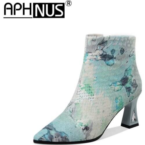 APHNUS Womens Boots Flowers Short Ankle Booties Mid High Heels Pumps Woman 2021 Zipper Shoes For Women New